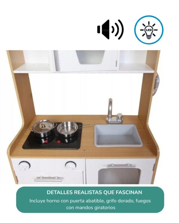 Cocina de madera para niños con luz y sonido, Blanca - Imagen 5